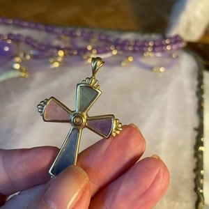 Jade cross pendant which includes lavender, pink, green, blue in 14k yellow gold
